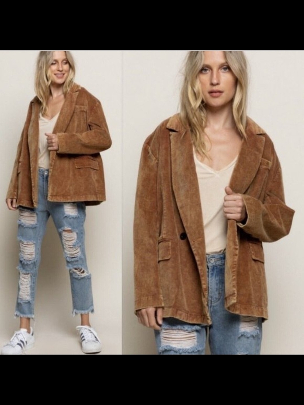 POL Corduroy Oversized Blazer Womens Size Large Caramel Double Breasted Jacket